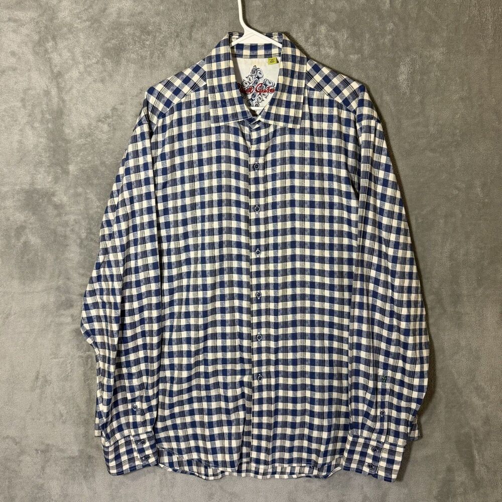 Robert Graham 2XL Blue White Gingham Plaid Cotton Silk Button Down Shirt